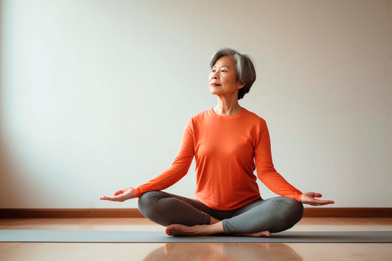 Femme senior pratiquant le yoga chez elle en posture du lotus